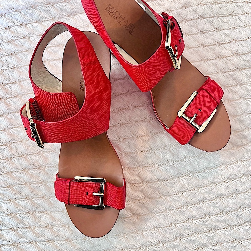 Michael Kors MK Warren Red Women's Gold Double Buckle Platform Wedge Heels